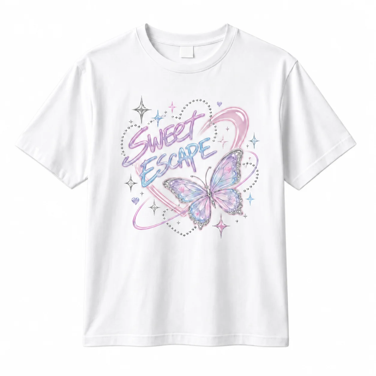 Cotton Women Y2K Sweet Escape Butterfly Heart Graphic T-Shirt, Cute Sparkle Print Short Sleeve Tee, Casual Summer Streetwear Top