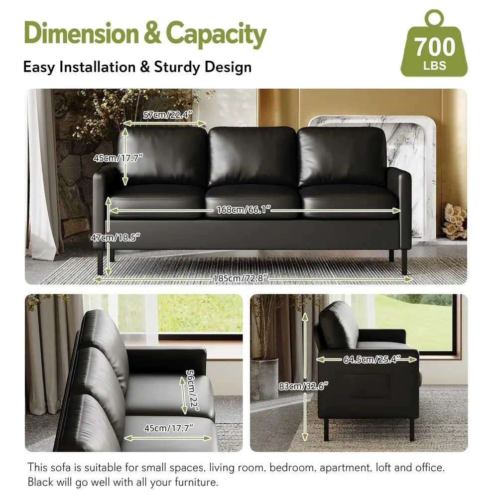 

72 W Faux Leather Black Sofa 3 Seat Couch, Modern Comfy Couch with 2 USB, Small Couches for Living Room Apartment Bedroom Small