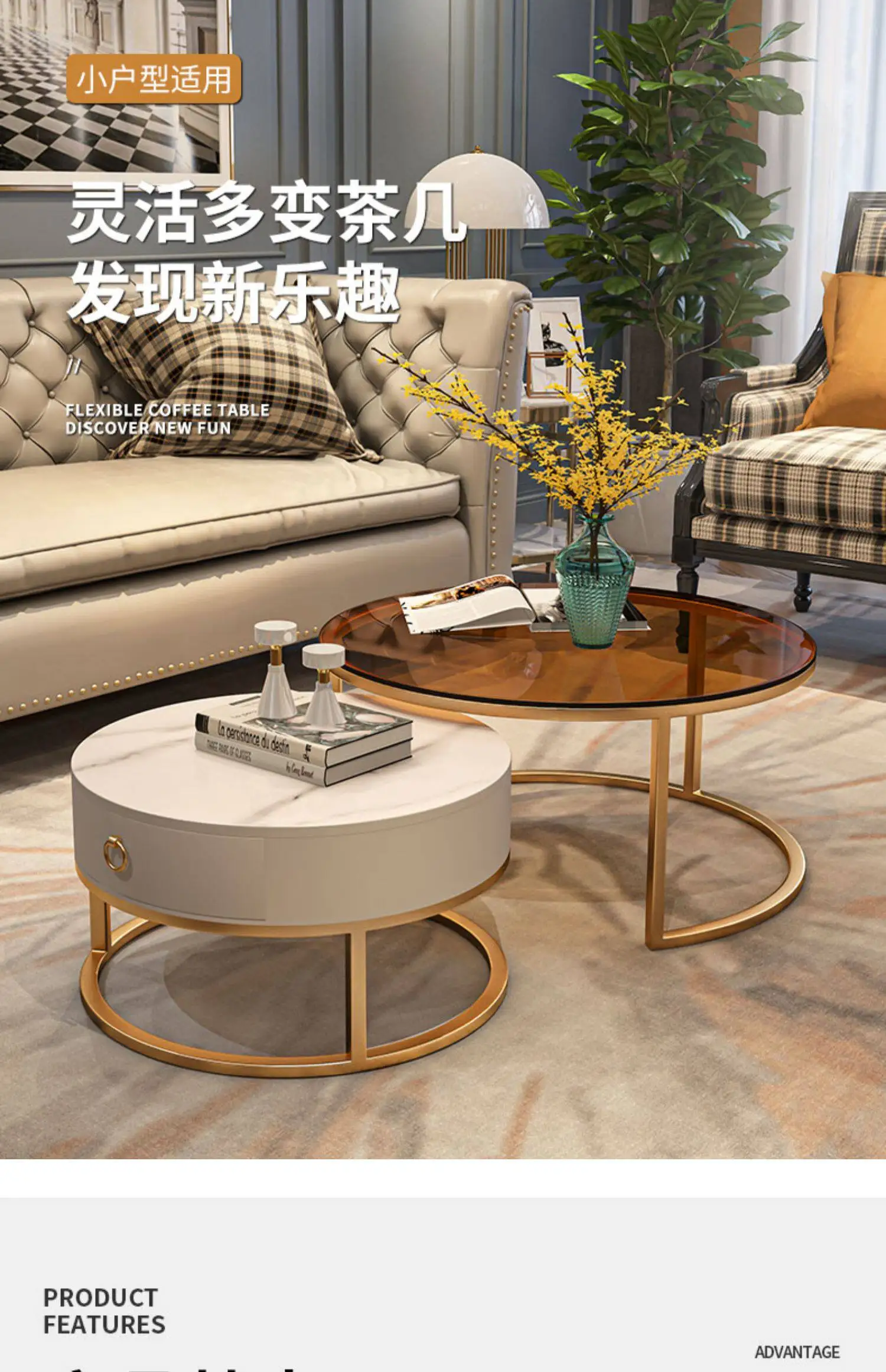 Minimalist coffee table tempered glass light luxury modern living room household small apartment coffee table simple round tea