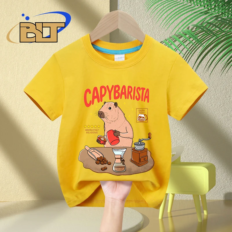 Capybarista เสื้อยืดเด็กพิมพ์ลายการ์ตูน, เสื้อลำลองแขนสั้นผ้าฝ้ายสำหรับเด็กใส่ในฤดูร้อน