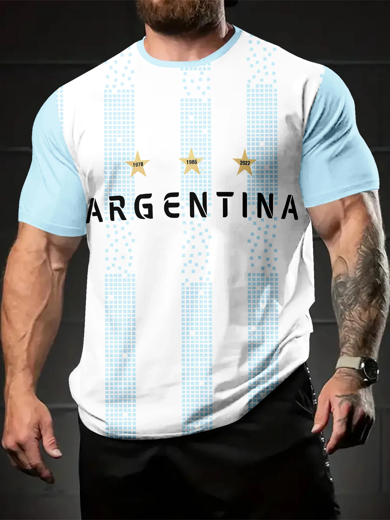 Men Daily Vacation Short Sleeve Tee, Sport Graphic T-Shirt with White Base Light Blue Pixel Vertical Strip Three Stars Year Lett