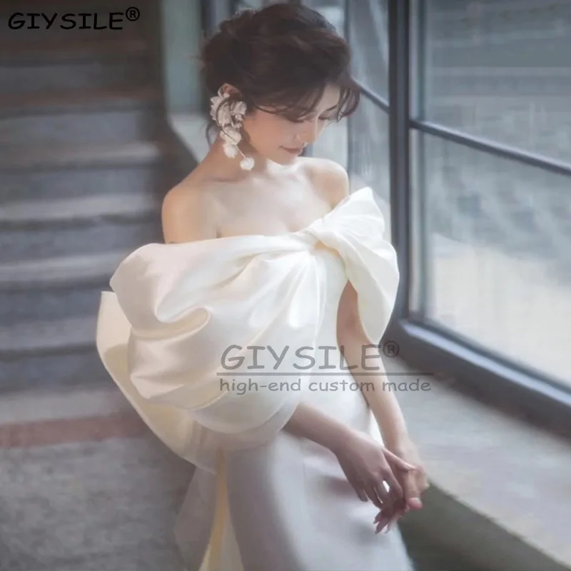 

GIYSILE Customized White Light Wedding Dress Temperament Satin Shoulder Bow Waist Fishtail Sleeveless Formal Women Elegant