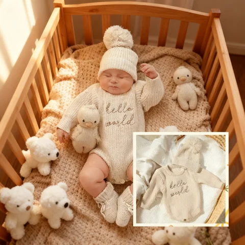 Ylsteed Hello World Knitting Newborn Photography Romper with Matching Pomp Hat Baby Boy Girl Sweater Outfits for Photo Shooting
