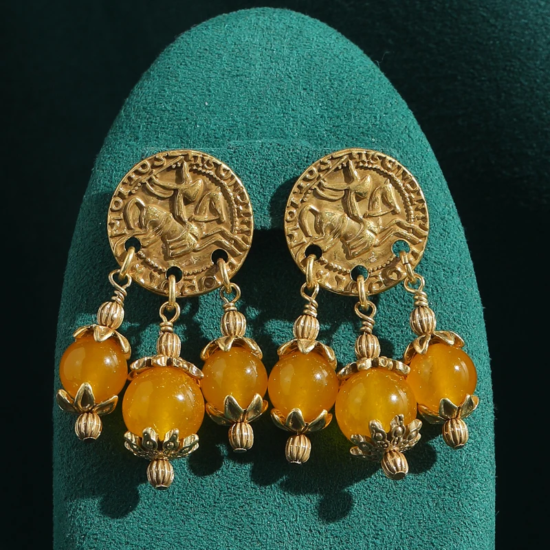 

Vintage Beeswax Drop Earrings Dangle Natural Stone Knight Ancient Coin Tassels For Woman Accessories Luxury Quality Jewelry 2025