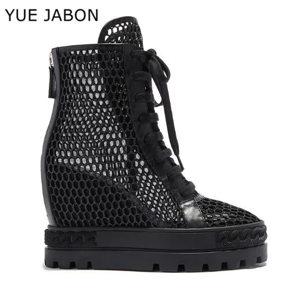 

Black 8cm Height Increasing Ankle Boots Women Lace-up Genuine Leather Platform Shoes Woman Chunky Sole Sneakers Women's Boots
