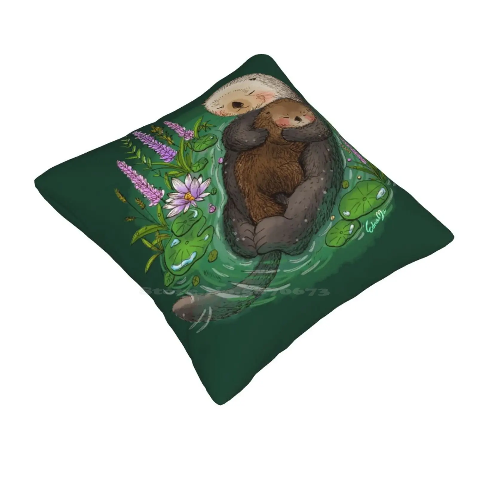 Sea Otter Mother & Baby Fashion Sofa Throw Pillow Cover Pillowcase Seaotter Green Lily Lotus River Baby Lake Valentine