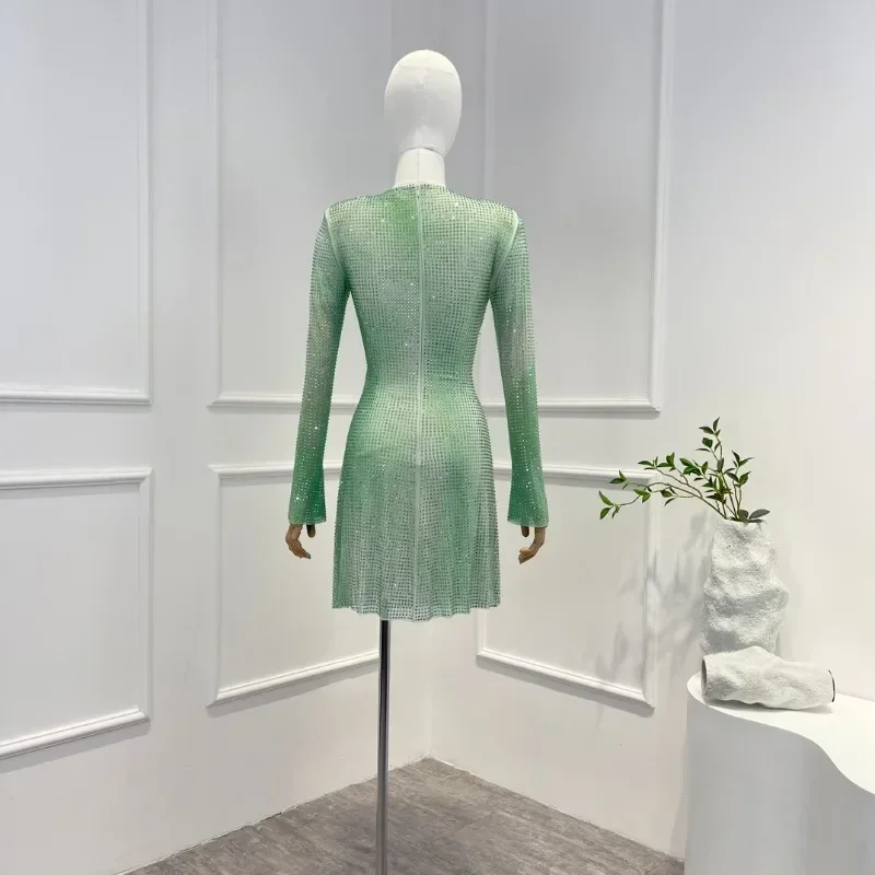 Latest 2023 High Quality Spring Summer Luxury Light Green Cut Out Waist Long Sleeve  Lace-up Woman Sexy Mini Dress