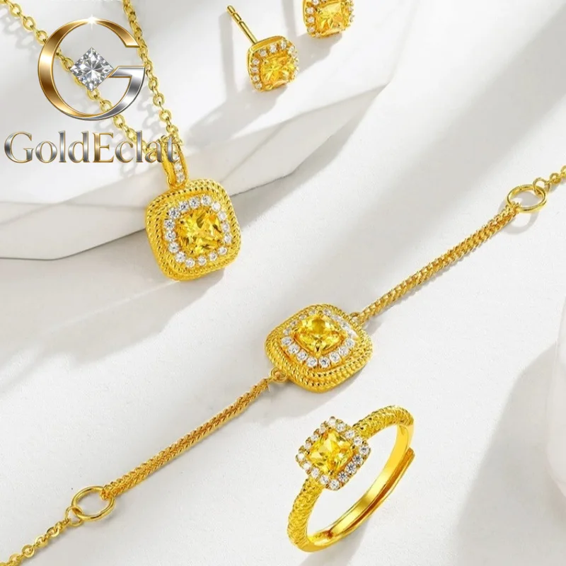 

GoldEclat Роскошный комплект из чистого золота 9999 пробы 24K: кулон-сахаринка с бриллиантами, маленькое колье-сахаринка, кольцо, серьги-гвоздики для женщин