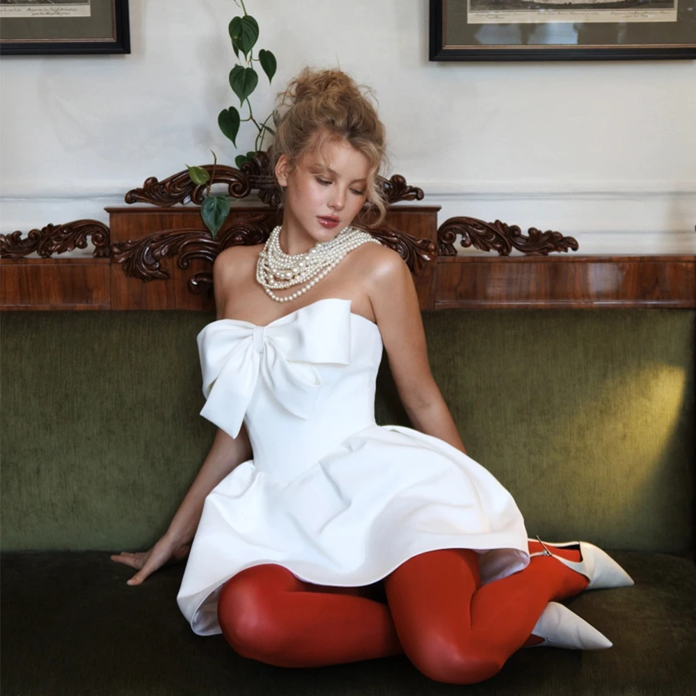 

Straless A Line Wedding Dresses with Bow Sleeveless Bridal Gowns Satin New White Customized Vestido De Novia Satin Robe De