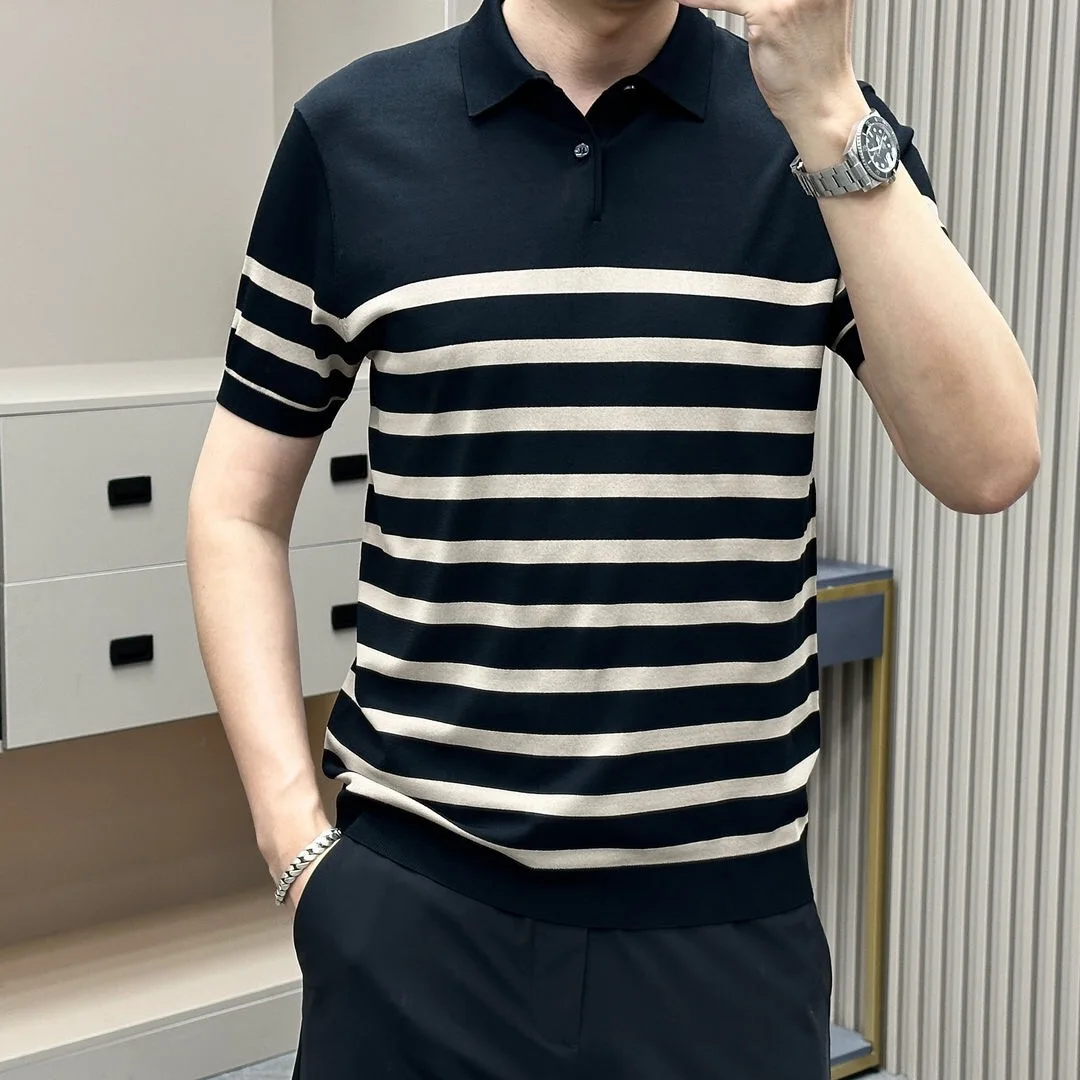 

Early Spring 2025 Faionable Knitted ort Sve irt Casual Busin Striped Men's T-irt Top Trendy Loose Fit