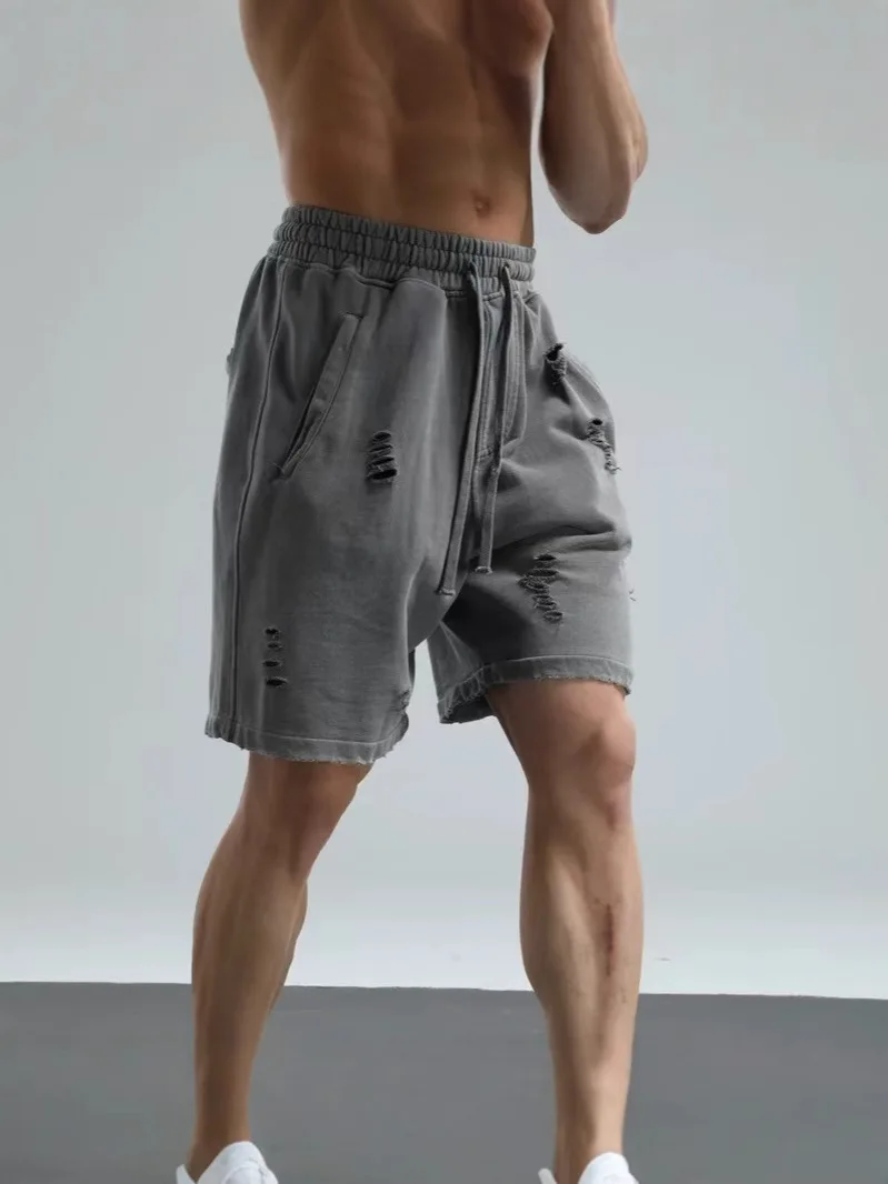 Men's Fashion High Street Ripped Hip Hop Shorts Streetwear Washed Vintage Y2K Short Pants Distressed Y2K Short Trousers