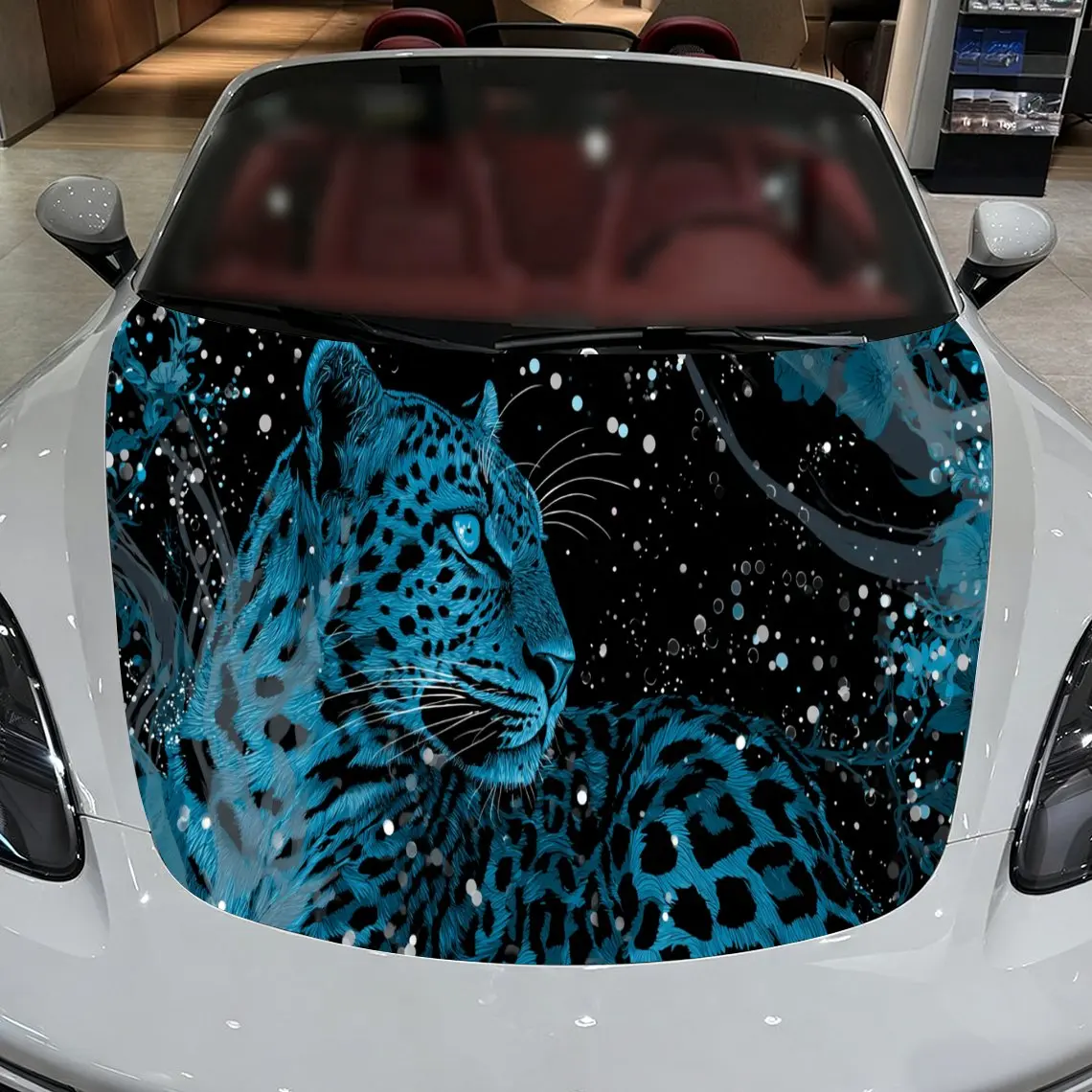 Car Decals A Leopard with Distinct Spots in a Vibrant Blue, Textured Background with Dynamic, Starry Design Elements Car Hood St