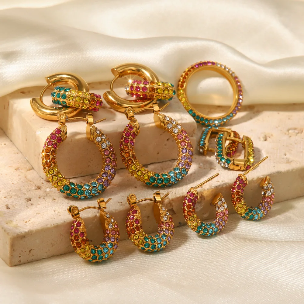 Popular New Design 18k Gold-plated Stainless Steel With Colorfull Zircon  Hoop Earrings For Women