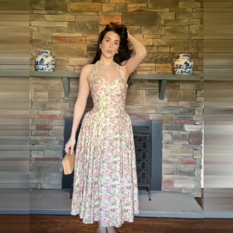 

Vintage Floral Print Halter Neck Dress Elegant Sweetheart Neckline A Line Sundress Bohemian High Waist Flowy Swing Women Vestido
