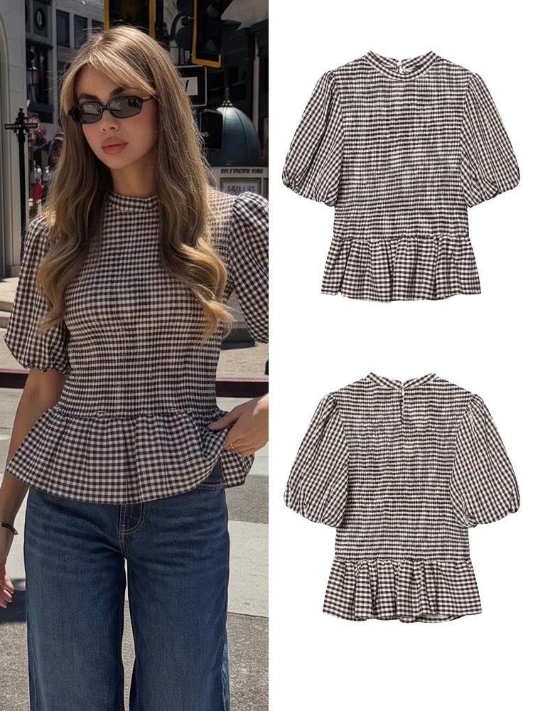 HH Women Elegant Summer Fine Plaid Print Top Fashionable Ruffled Puff Sleeve Fitted Blouse New 2026 Festival Beach Party Wear