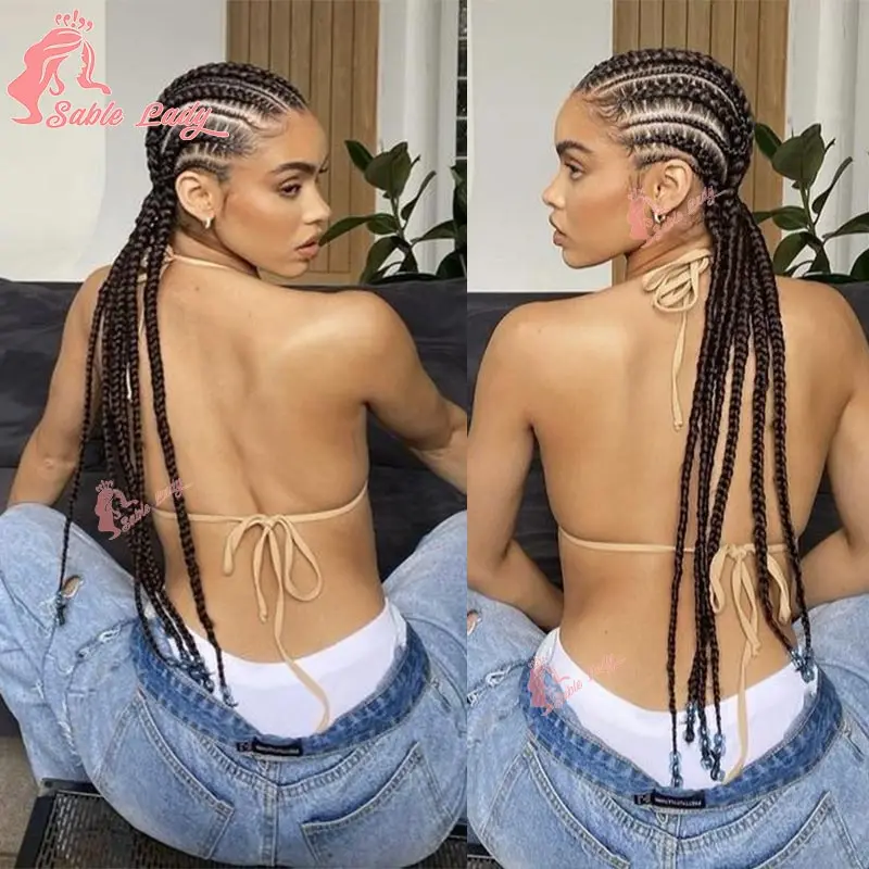 Knotless Synthetic Full Lace Trançado Perucas para Mulheres Negras, Cabelo Africano, Tranças Cornrow, Tranças Box, 36"