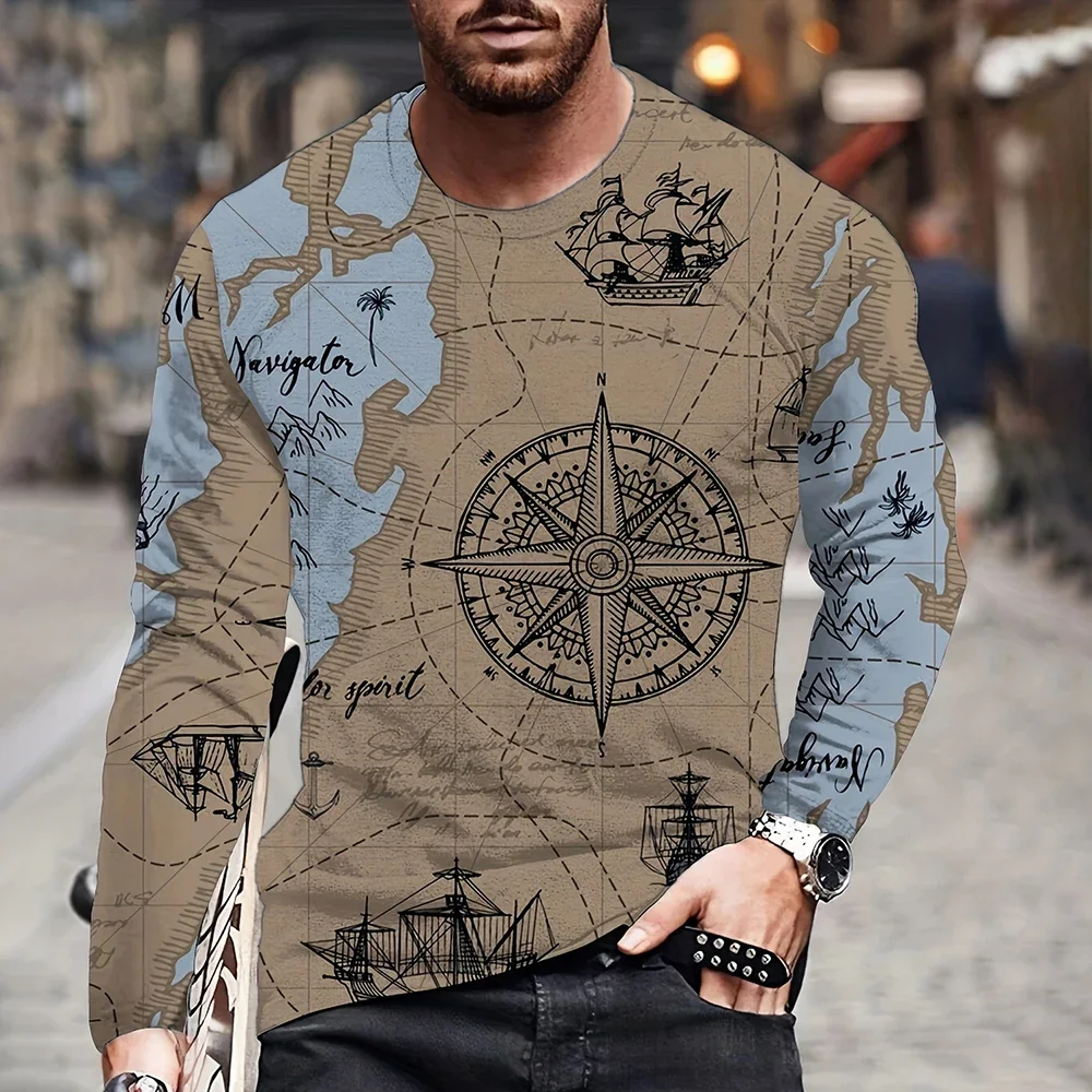 Men's Vintage Nautical Map Print Long Sleeve T-Shirt Compass Sailboat Graphic Crew Neck Retro Adventure Casual Streetwear Tops