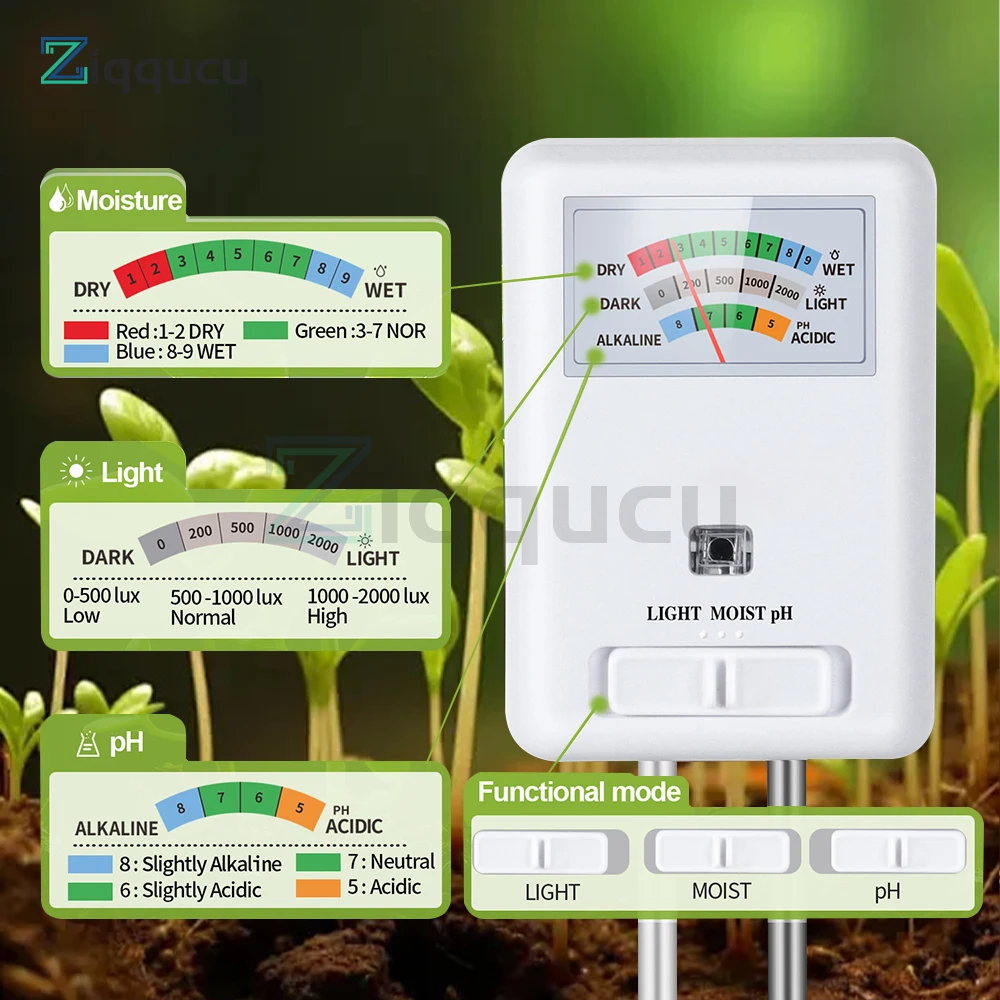 3-in-1 Soil Moisture Meter Light and PH Tester for Indoor Outdoor House Plants Garden Lawn Farm