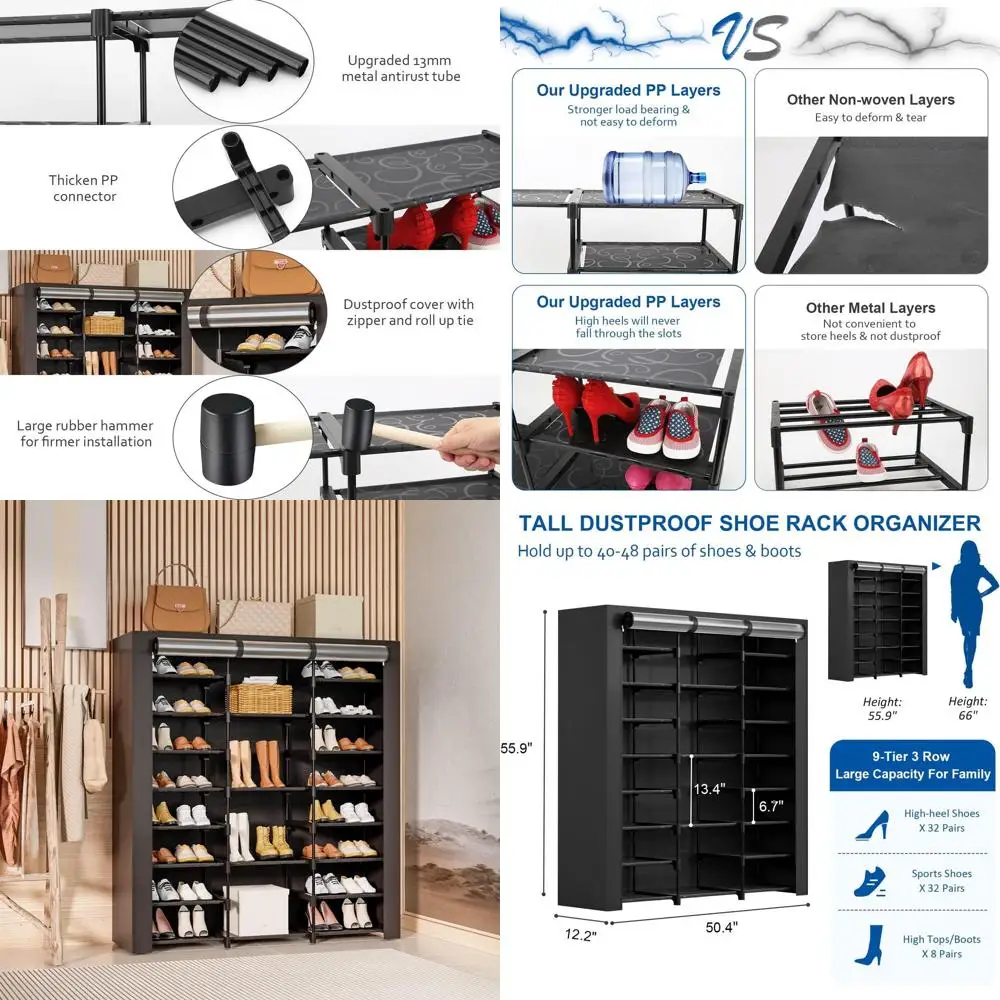

Высокая 9-ярусная полка для обуви на 40-46 пар, органайзер для обуви с крышкой, идеально подходит для спальни или гаража