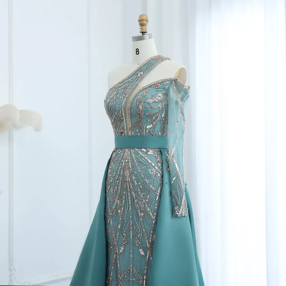 Arabic Jancember Beaded One Shoulder Turquoise Evening Dress With Overskirt Dubai Women Wedding Party Gowns Lsz307