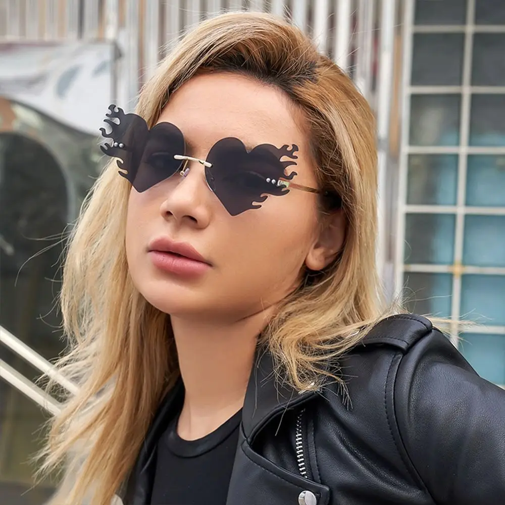 Rimless Fire Heart Shaped Sunglasses UV400 Protection Costume Accessories Flame Love Sun Glasses Halloween Glasses