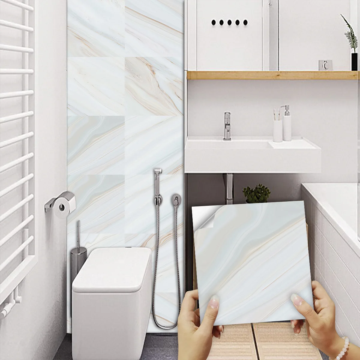 Self-Adhesive Marble Wallpaper Tiles 30x30cm 10PCS, High Gloss PVC Kitchen Bathroom Backsplash, Waterproof Oil Resistant Easy