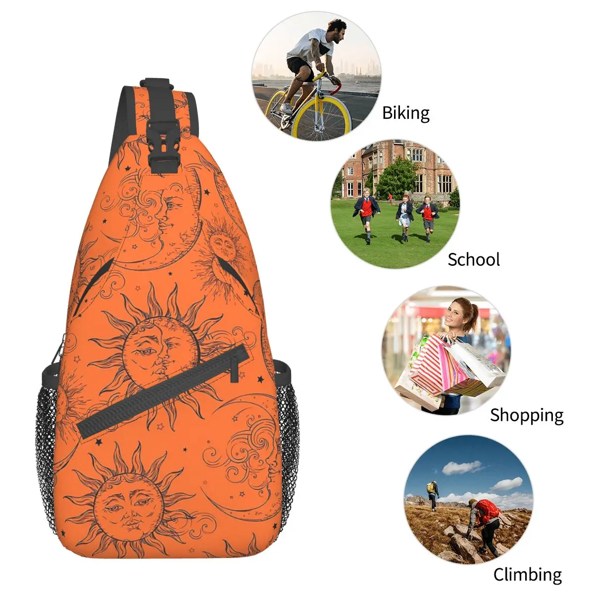 Celestial Sun Moon Stars Crossbody Sling Bags piccola borsa a tracolla Boho Mandala zaino Daypack per escursionismo viaggi in bicicletta