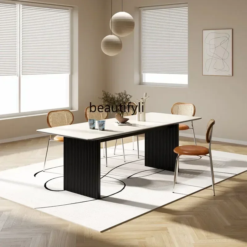 z183  Imported travertine rock slab dining table light luxury rectangular island platform ash wood table and chair combination