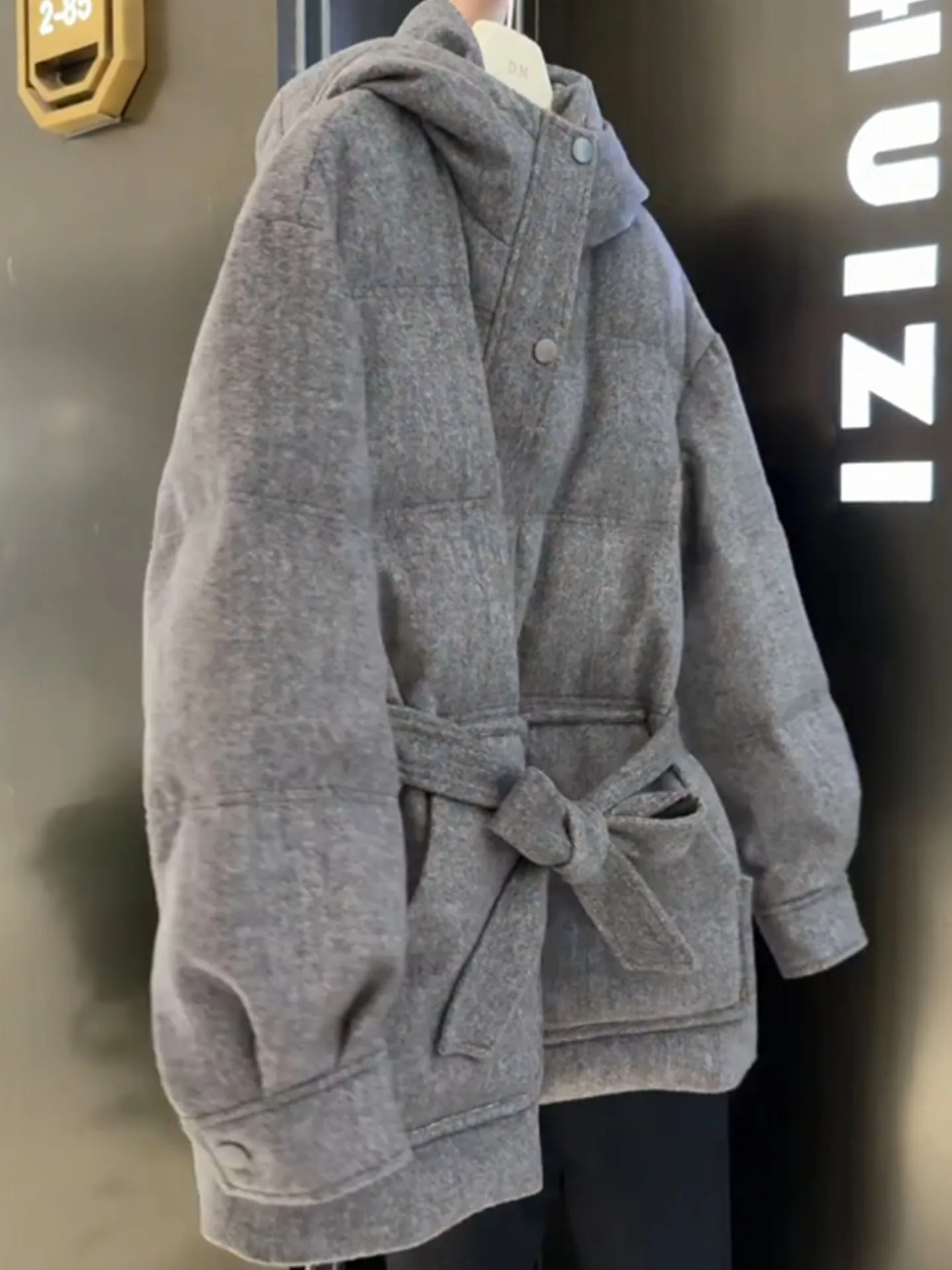 Ele ey Hooded Mid-Length down Jaet Women's Thiened Warm Slimming Outerwear Commute Sle High Waist Polyester Fiber