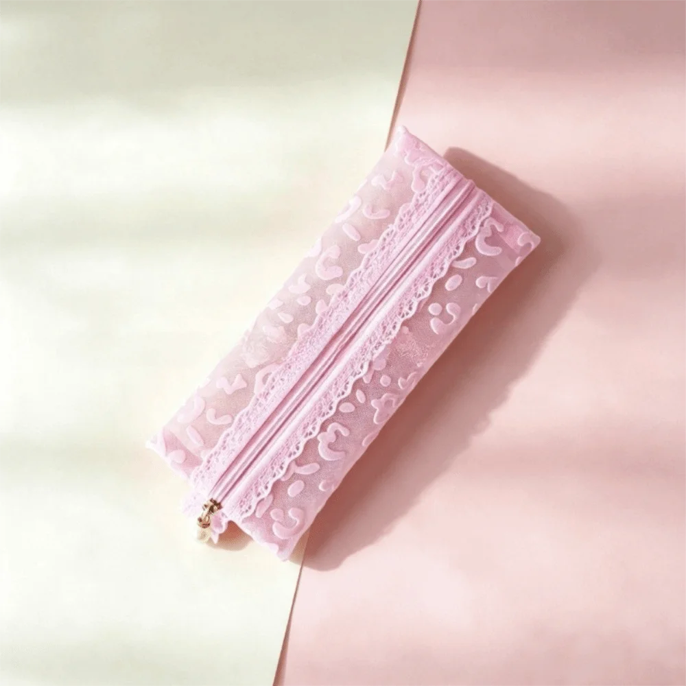 Compact Mesh Makeup Bag Pink Portable Pencil Pouch Leopard Lace Compact Pencil Case Eyebrow Pencil