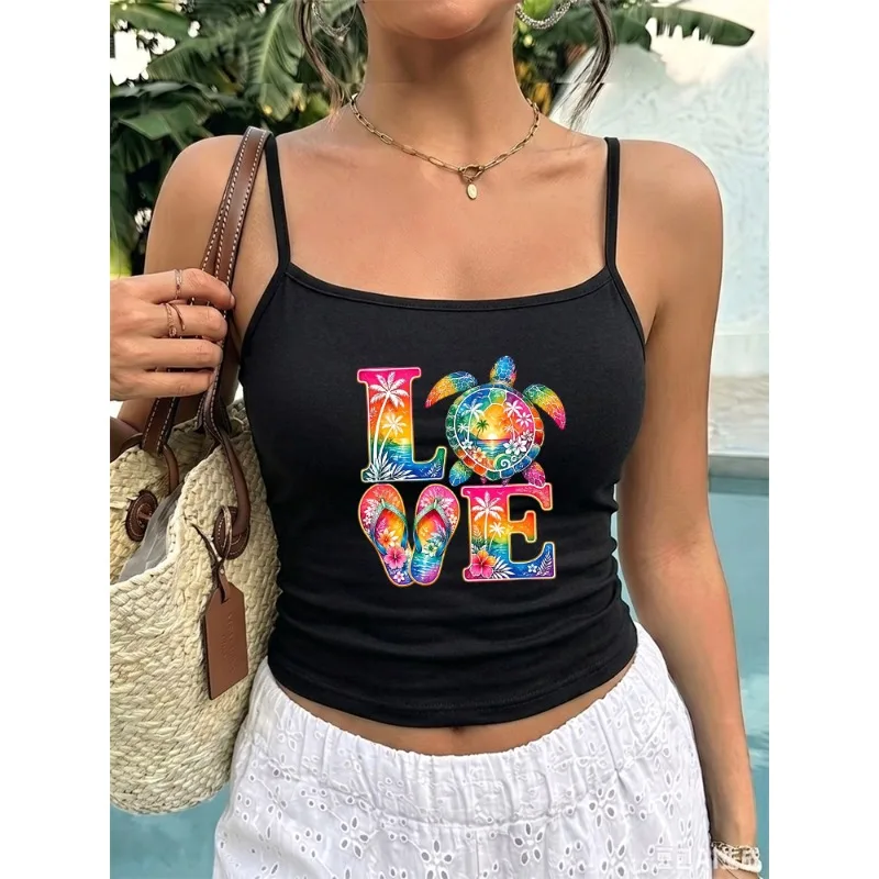 Tropical Sea Turtle Love Print Crop Tank Top Women Palm Flip‑Flop Graphic Sleeveless Slim Fit Camisole Summer Beach Holiday