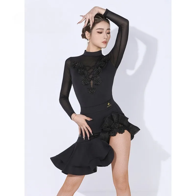 تخصيص فستان رقص اللاتينية مجموعة الكبار طويلة الأكمام أداء الملابس الإناث مثير ممارسة دعوى فستان رقص السالسا