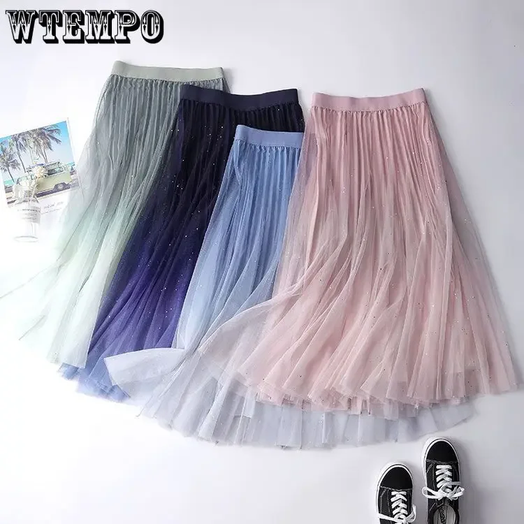 WTEMPO-Saia de Tule, Linha A, Longa, Fairycore, Renda, Midi, Roupa de praia, Vintage, Moda coreana, Verão, Outono