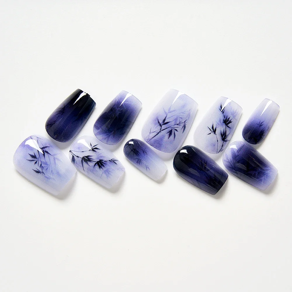 10Pcs Short Press-On Nails Blue Ombre False Nails with Chinese Bamboo Print Reusable Acrylic Nails Stick-On Full Cover Nail Tips