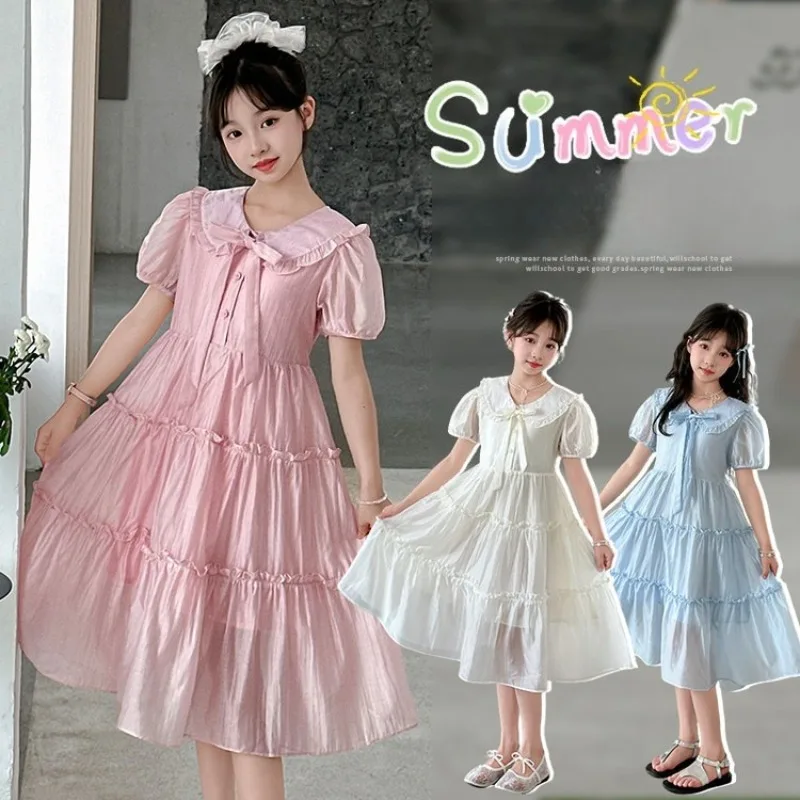 

Girls Sweet Doll Collar Dress Fashion Little Kids Bubble Sleeve Princess Dress Summer Fashion Children Princess Dress
