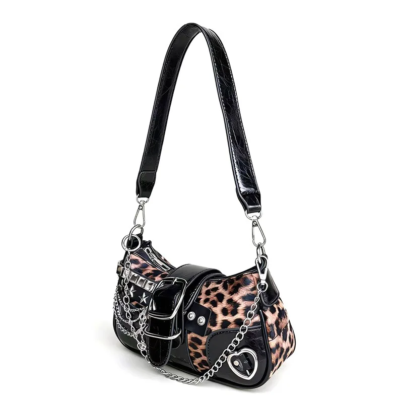 Y2K Aesthetic Women Underarm Handbag Leopard Print Red Spliced PU Bag Metal Chain Star Studded Punk Street Shoulder Purse