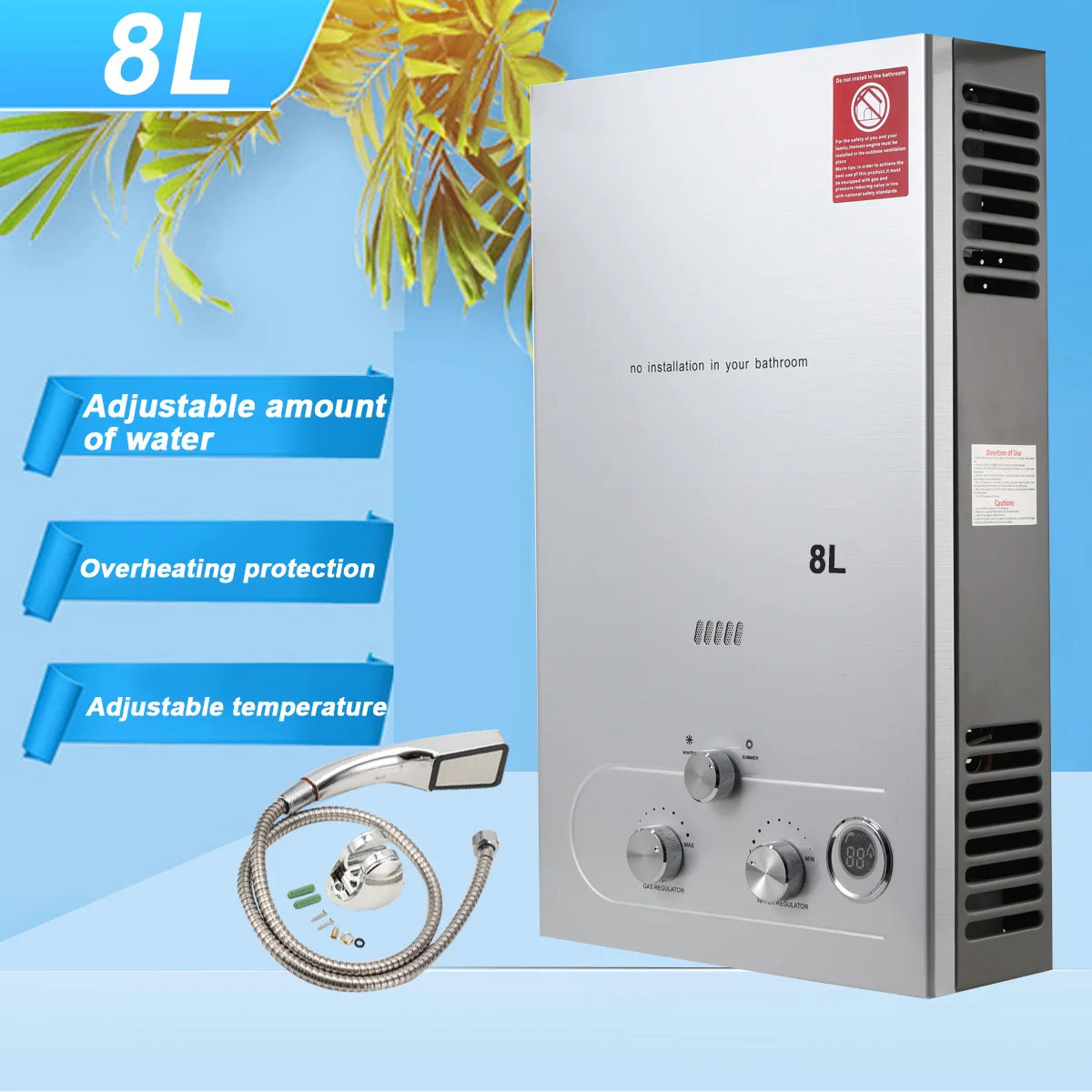 หม้อต้มเครื่องทำน้ำอุ่นโพรเพนเครื่องทำน้ำอุ่นพร้อมถังเครื่องทำน้ำอุ่นแก๊ส LPG 8/10/12/16/18L สำหรับบ้านตั้งแคมป์กลางแจ้ง RV W/หัวฝักบัว