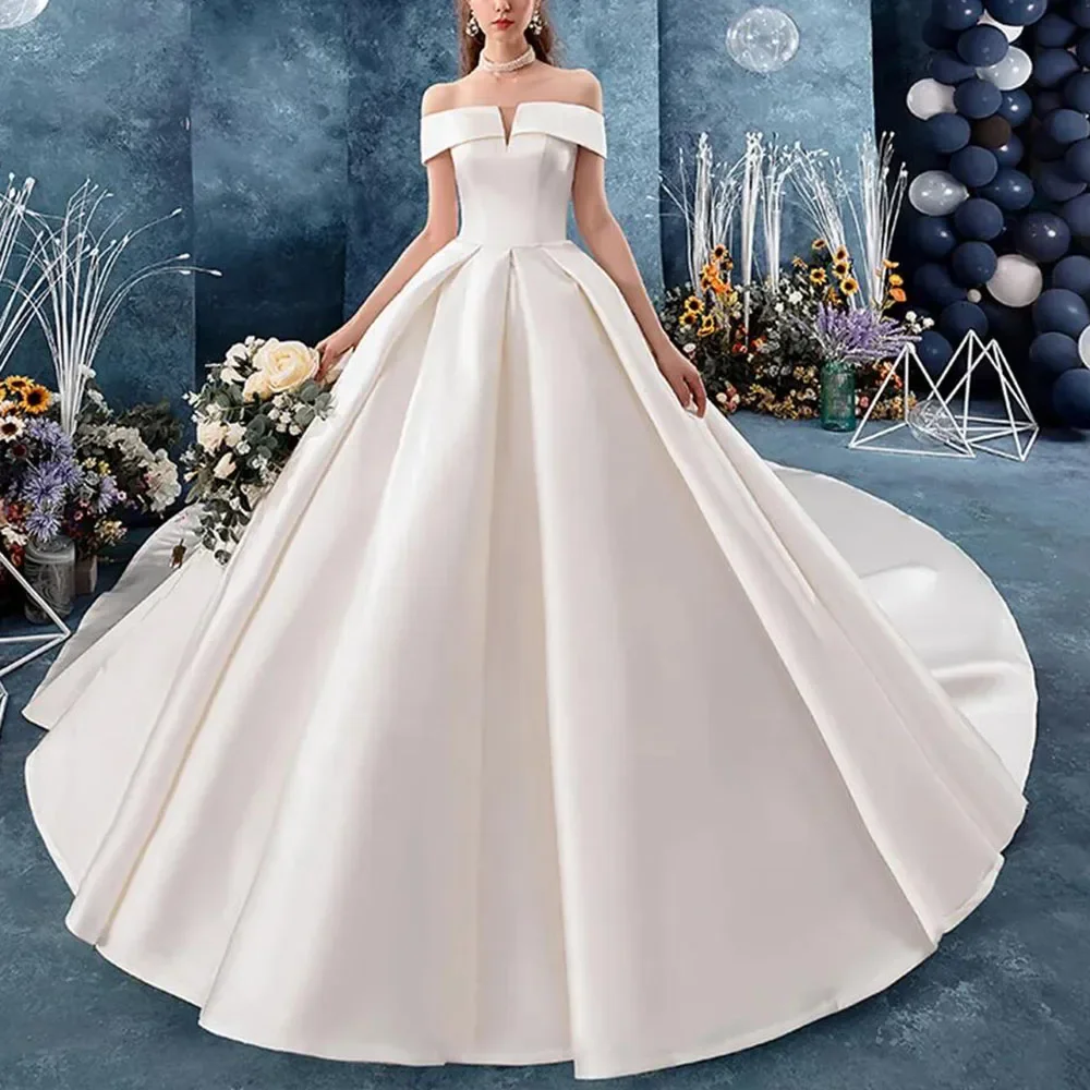 

White Satin Wedding Dresses Romantic Off The Shoulder A-Line Gowns Elegant Strapless Cathedral Train Draped Bride Dresses