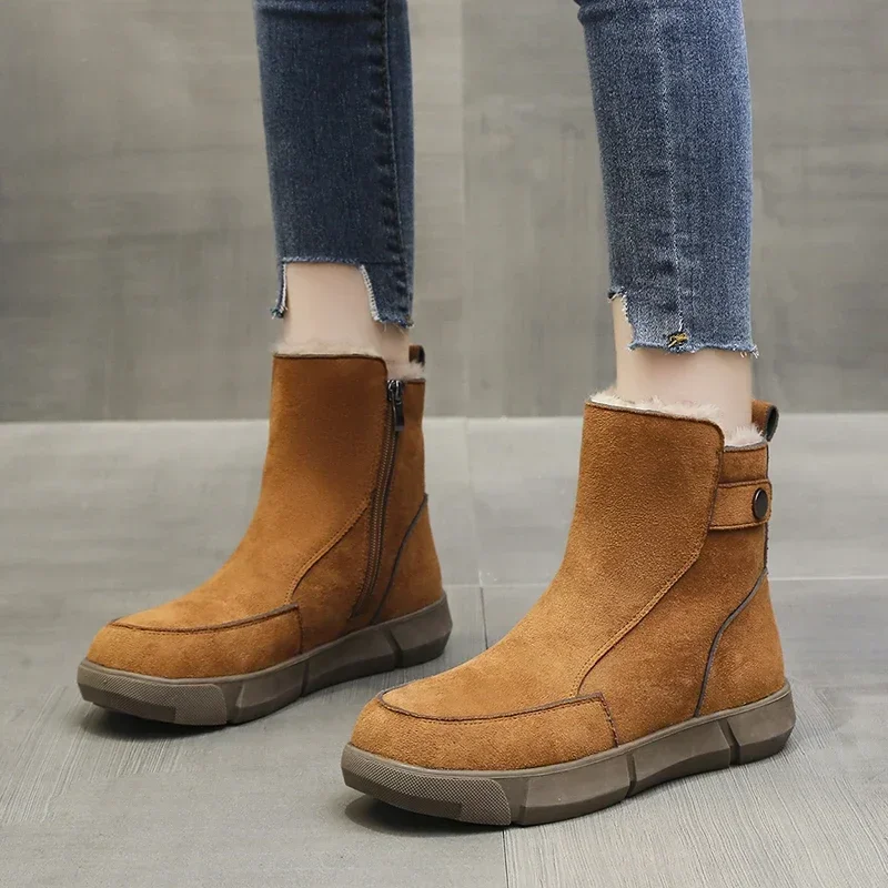 2024 Fashion Shoes Female Side Zipper Women's Boots Winter Round Toe Plush Fleece for Warmth Solid Short Barrel Flat Boots