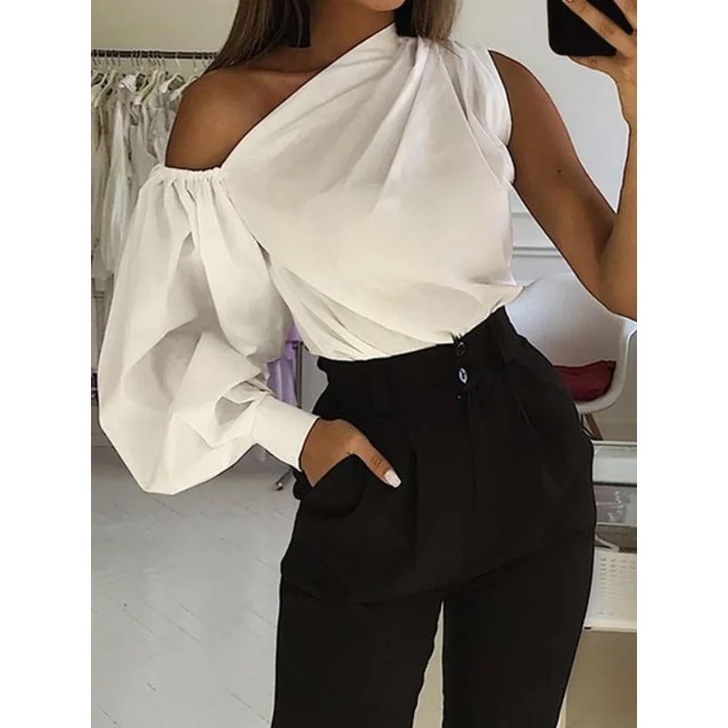 Celmia Asymmetrical Blouse Women 2023 Summer Off Shoulder Blusas Elegant Lantern Long Sleeve Shirt Fashion Ladies Party Tops