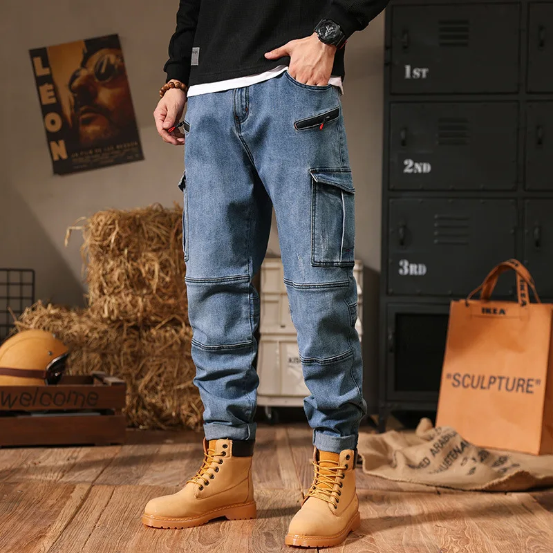 

Plus Size 42 Jeans Men's Loose Multi-pocket Cargo Denim Pants High Street Fashion Casual Clothing Haroun Trousers Male Bottoms