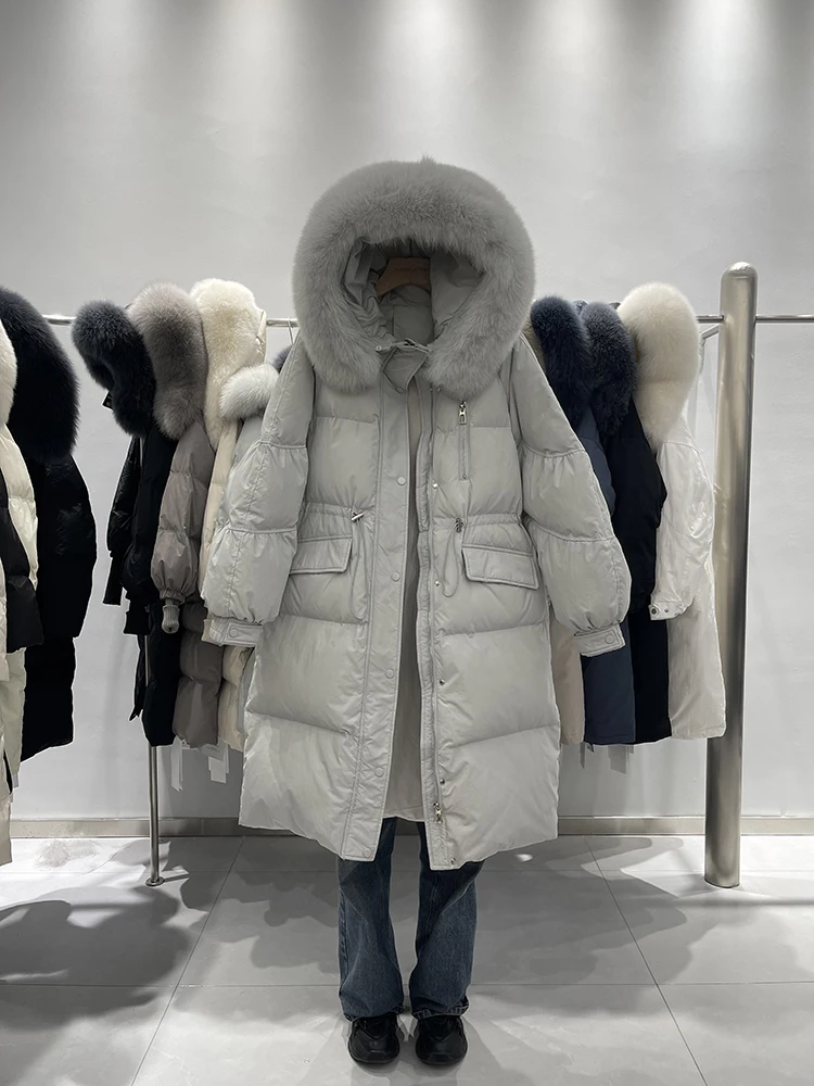 Korean style fox fur collar down jacket 2025 winter new women's waist cinching fashionable thick mid length jacket