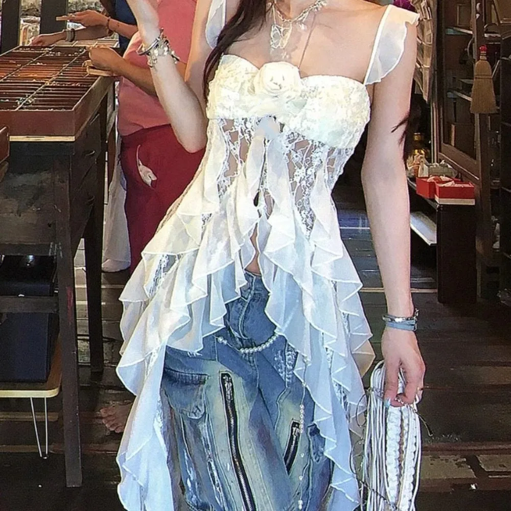 Camisola con borlas de flores y encaje con hombros descubiertos, vestido transparente con borde con volantes y cinta de malla, ropa de playa estilo picante para niña