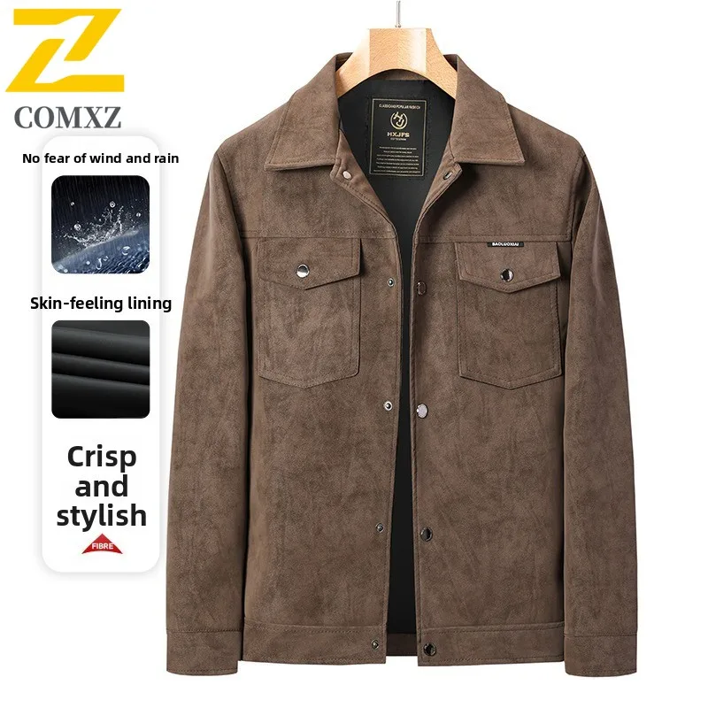 

Spring Autumn Men's Suede Work Jacket Waterproof Windproof Lapel Coat Trendy Loose Fit Casual Top Versatile Streetwear New 2025