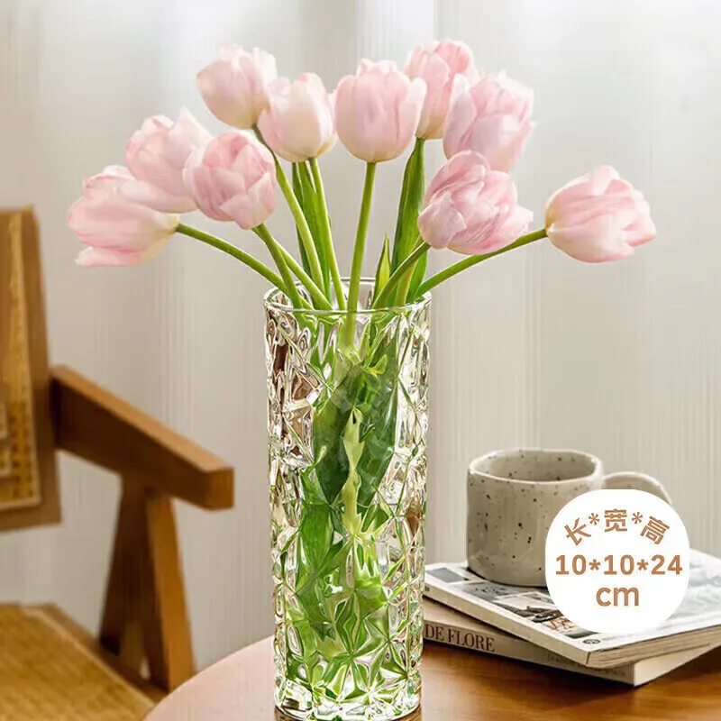 Ice pattern glass vase, high-end ornament, living room flower arrangement, water raising flowers, transparent vase