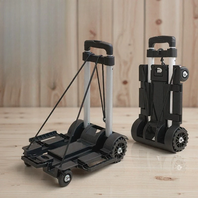 Sturdy Folding Hand Truck Portable Pull Wagon Silent Tank Tires Solid Rubber Integrated Deck Smooth Extendable Rod Heavy Duty