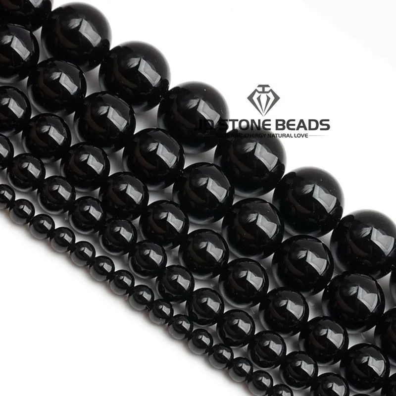 Smooth Black Agates Natural Stone Beads For Jewelry Making Round Onyx 4 6 8 10 12 14 16mm Diy Bracelet Necklace Accessory 15\