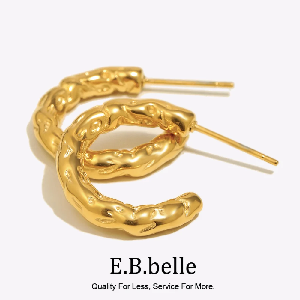 E.B.belle Small C-shape Irregular Hammer Pattern Stud Earring  Stainless Steel 18K Gold Plated Fashion Women Party Jewelry