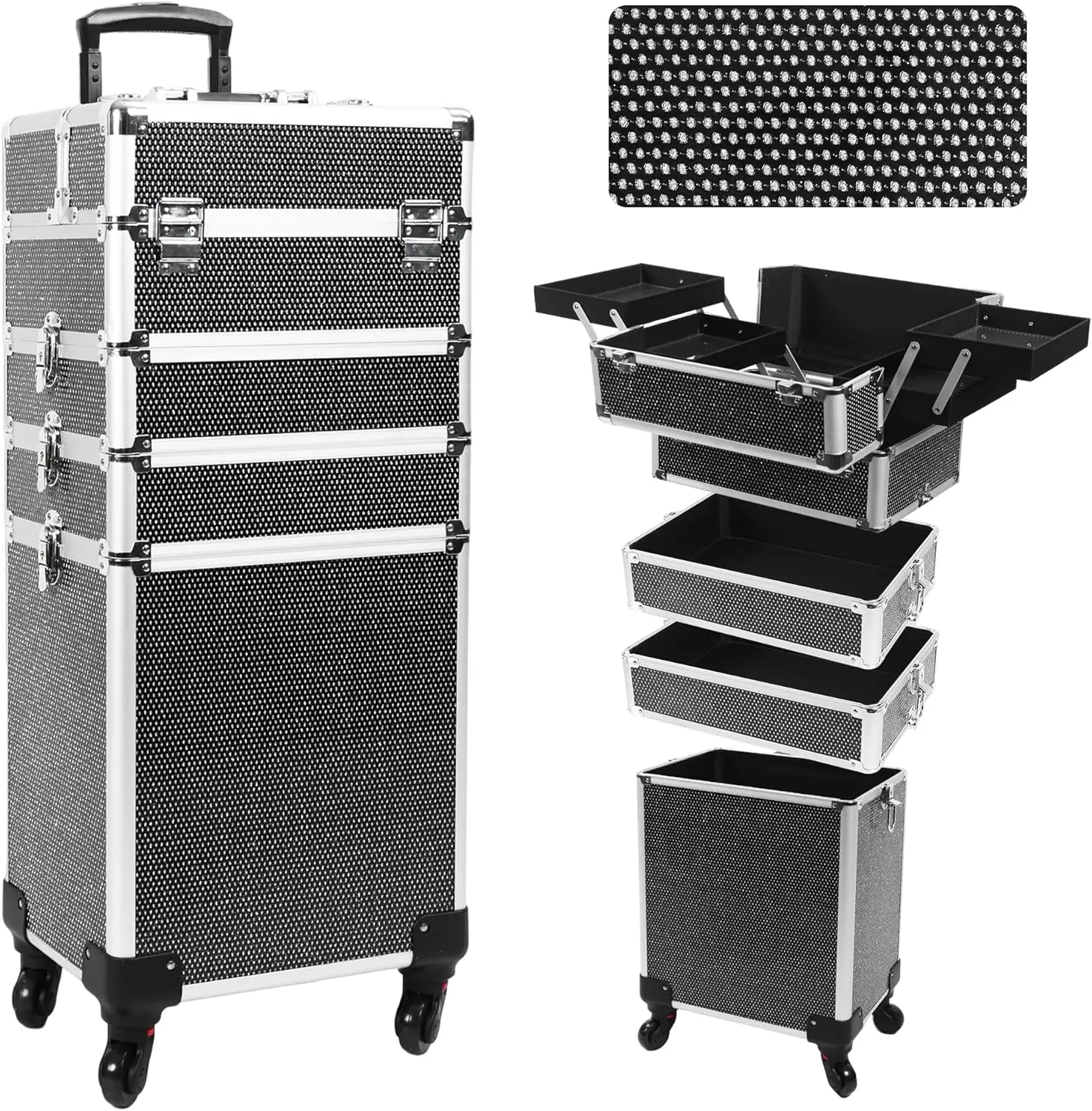 

Professional Rolling Makeup Case with Wheels, 5-in-1 Makeup Train Case, Cosmetic Makeup Trolley Cart Travel Cosmetology Case On