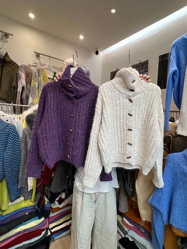 UR 2025 Winter Thickened High Collar Women's Knitted Sweater Korean Style Long Sleeve Short Coat Button Detail Soft Wool Blend
